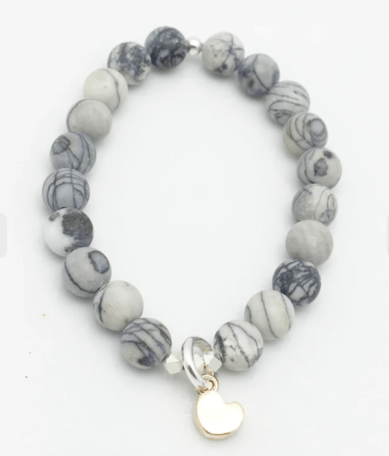 Orange Avocado - Bracelet / MATTE JASPER LINE SILK STONE & BRONZE PETITE HEART