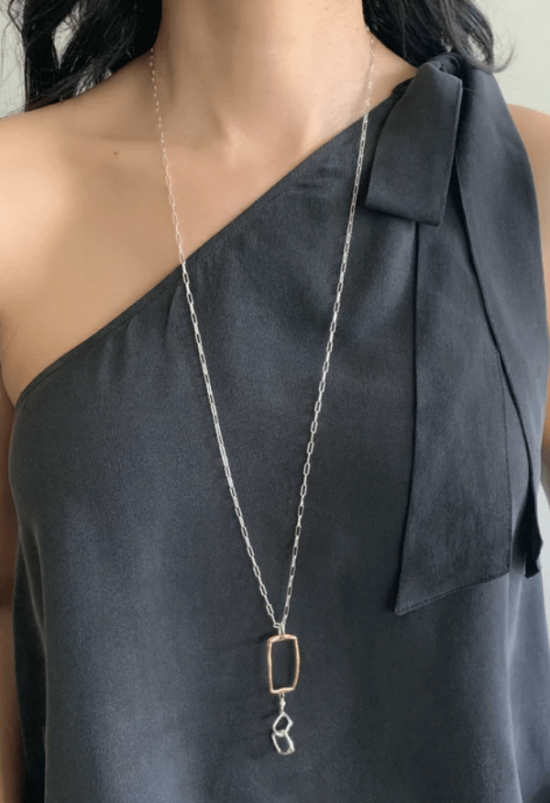 Orange Avocado - Necklace / BRONZE RECTANGLE & SILVER SQUARE LONG