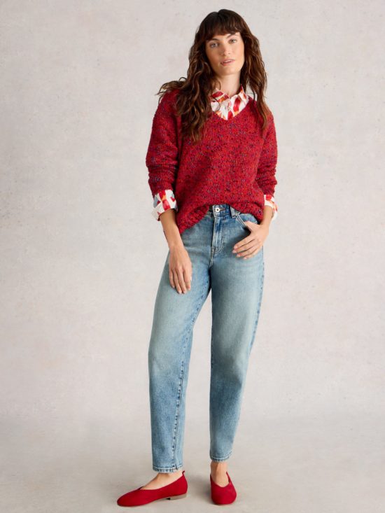 White Stuff - Top / TEXTURED V NECK JUMPER - (Mid Red)